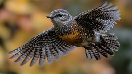 Fototapeta premium A small, mottled bird with rufous breast, grey head, and intricately patterned wings is captured mid-flight against a blurred autumnal background