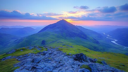 Serene sunset illuminating a majestic, verdant peak, with a rocky foreground and a valley below
