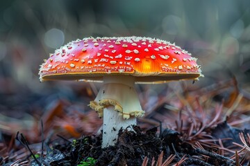Stunning close up photography of a vibrant red fly agaric mushroom