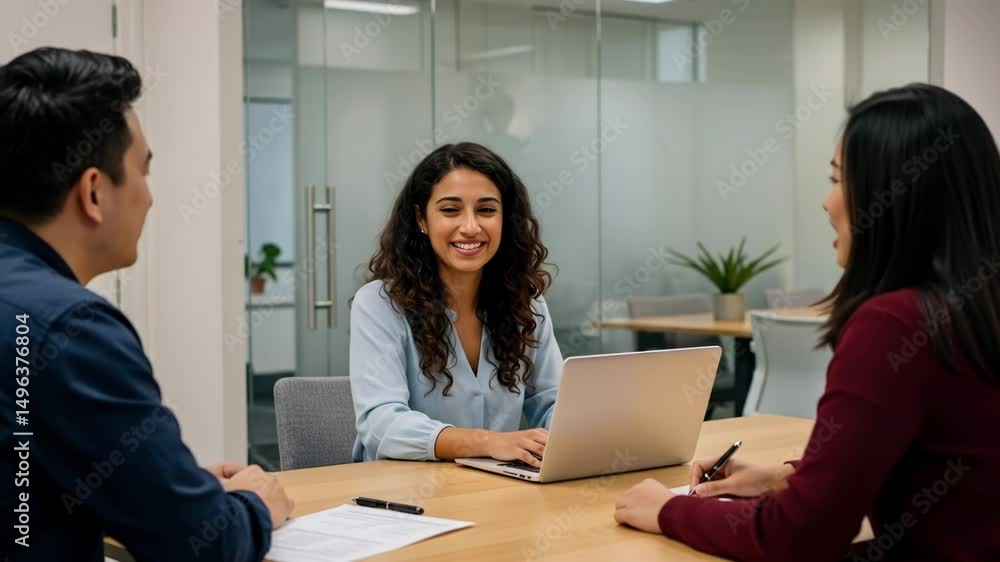 Aufkleber team members discuss ideas while collaborating in an office during the afternoon with a laptop and d