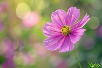 Obraz premium Vibrant pink cosmos flower with soft bokeh background in natural light