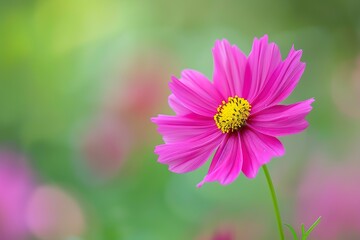 Obraz premium Vivid pink cosmos flower blooming against a soft green blurred background