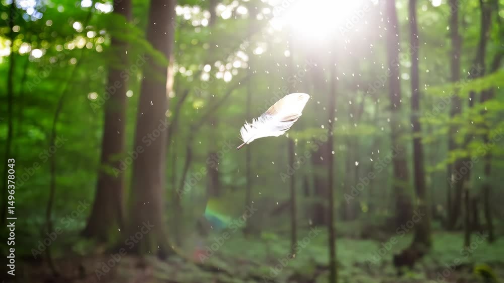 Poster delicate feather floats gently through a sunlit forest with bokeh and swirling dust motes adding to 