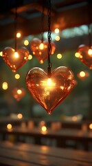 Illuminated heart-shaped glass ornaments hang from a chain, glowing warmly against a blurred background of lights and wooden furniture, creating a romantic ambiance