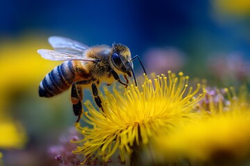 Honeybee Feeding on Vibrant Yellow Flower with Blue Background