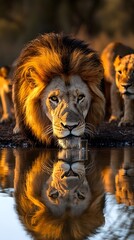 Majestic male lion drinking from a waterhole, his reflection mirrored perfectly, flanked by lionesses at sunset