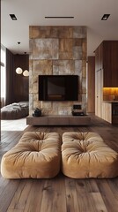 Modern apartment interior with a large stone feature wall, flat-screen TV, and plush seating.  Warm wood tones and muted earth colors dominate the space