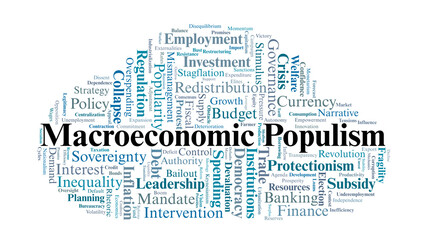 Obraz premium Macroeconomic Populism Word Cloud. Economic Policy Themes Related to Populist Governance