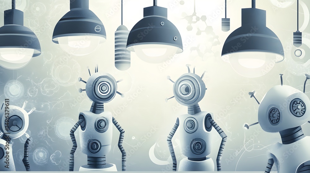 Poster industrial style robots in a dimly lit factory setting.