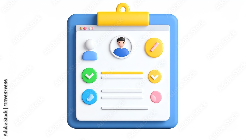 Poster a colorful digital interface featuring a user profile with checkmarks, icons, and a clean layout, sy