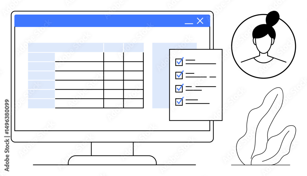 Poster computer monitor displaying task list with checkboxes and grid, user profile icon, minimalist plant.
