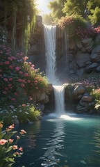 Sunlit waterfall plunges into a pool surrounded by abundant blooms ,  waterfall photography,  lush vegetation,  bloom
