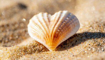 Close-up of a single heart-shaped seashell nestled in the sand