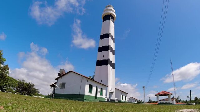 Mandacaru Lighthouse In Barreirinhas Maranhao Brazil. Aerial View Of A Bustling Ligthhouse In A Coast City. Shore Clouds Sky Beach Sea. Seaside Panoramic. Barreirinhas Maranhao.