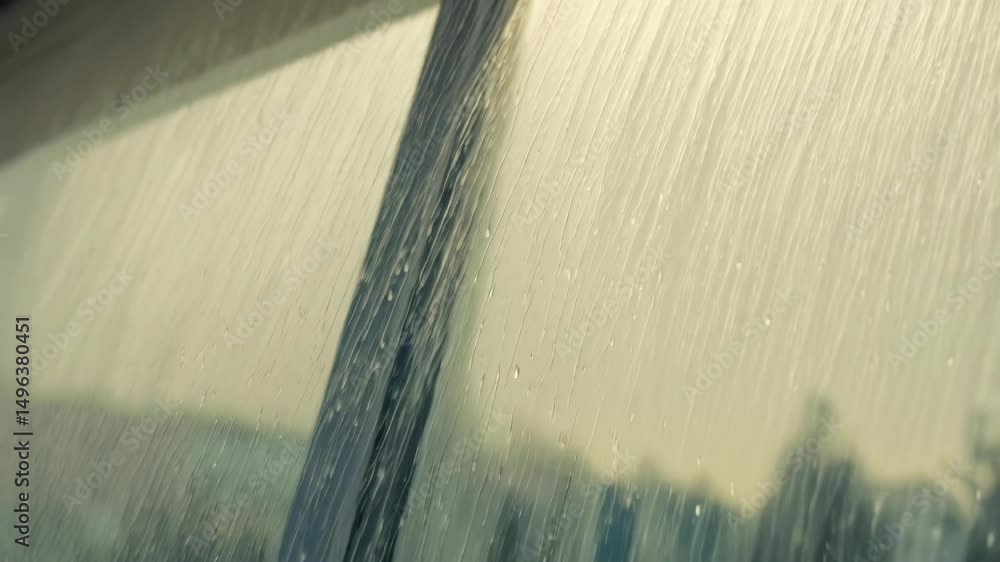 Poster raindrops run down the glass pane of a window, with blurred buildings visible in the background crea