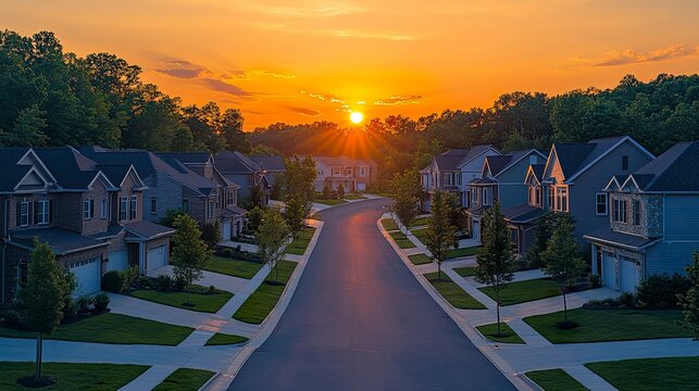 Aerial view of new construction cul-de-sac dead-end street with luxury houses in a Maryland upper middle class neighborhood American real estate development in the USA with stunning sunset orange sky 