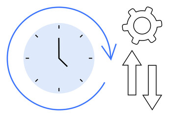 Clock encircled by an arrow, gear, and up-down arrows indicating time management, productivity, efficiency, improvement, workflow, optimization and decision-making. Ideal for business planning