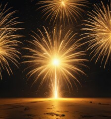 Blazing yellow fireworks explode, intense light trails fill the frame , light, fireworks, flash