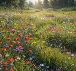 Vibrant summer meadow, teeming with insects and wildflowers ,  natural,  blossom