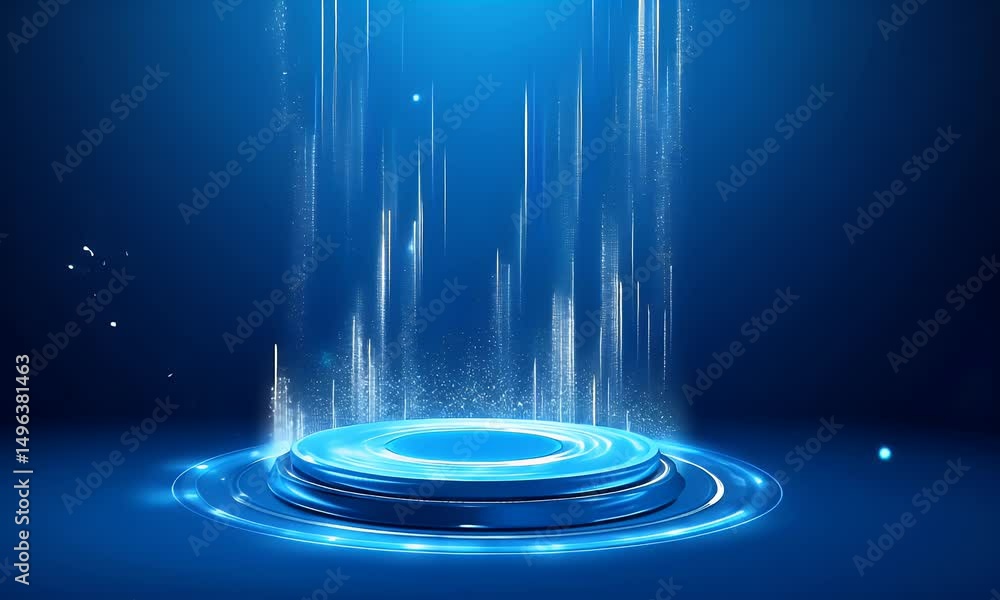 Poster blue technology background with light effects and a circular stage for product display, featuring a 