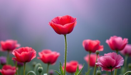 a photorealistic image of poppy, centered, purple gradient background