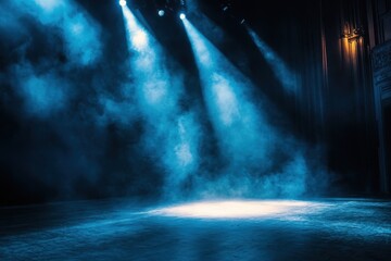 Obraz premium Blue spotlights shine on a stage filled with hazy, smoky atmosphere. Use to highlight a performance or create an ethereal background.