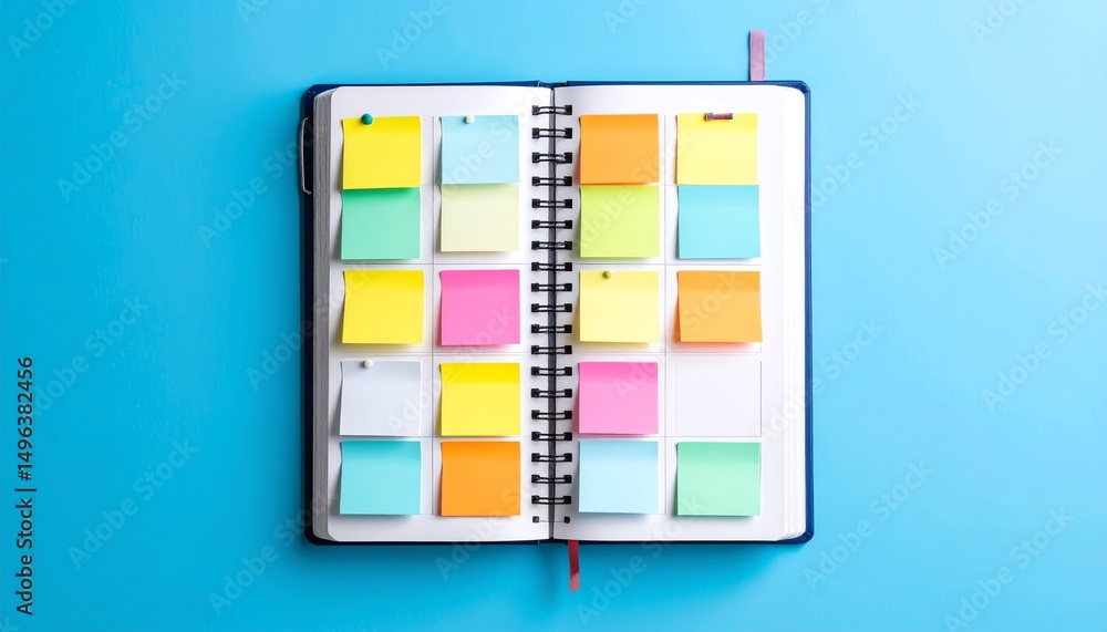 Poster a colorful notebook with various sticky notes arranged on its pages, set against a blue background, 