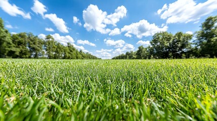 Fototapeta premium Green Grass Field Under a Blue Sky with Clouds