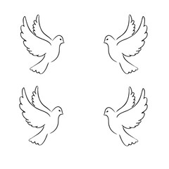 Minimalist line art of four doves facing each other – symbol of peace, love, freedom, harmony, and spiritual connection


