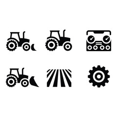 Simple Black Icons of Farm Tractors Implements and Gears