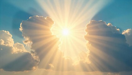 Golden sunbeams pierce through gaps in fluffy clouds, illuminating a bright, clear sky Perfect for nature, weather, and summer themes , sun ray, bright, sun