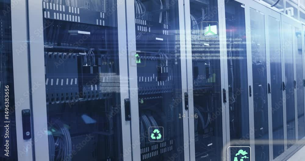Poster camera sweeping racks initiating icons pulsing shifting dissolving for showing network analytics