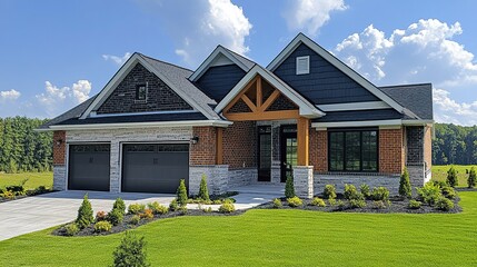 Fototapeta premium Beautiful new brick home with grey roof and garage on sunny day 