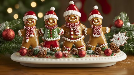 Festive gingerbread men display on a holiday platter.