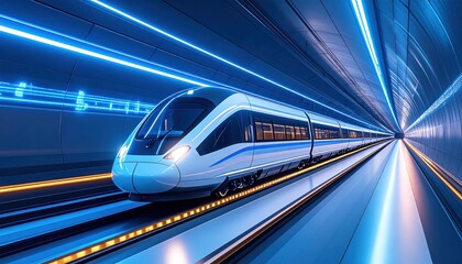 High-speed maglev train system with digital status panels and tunnel airflow animation