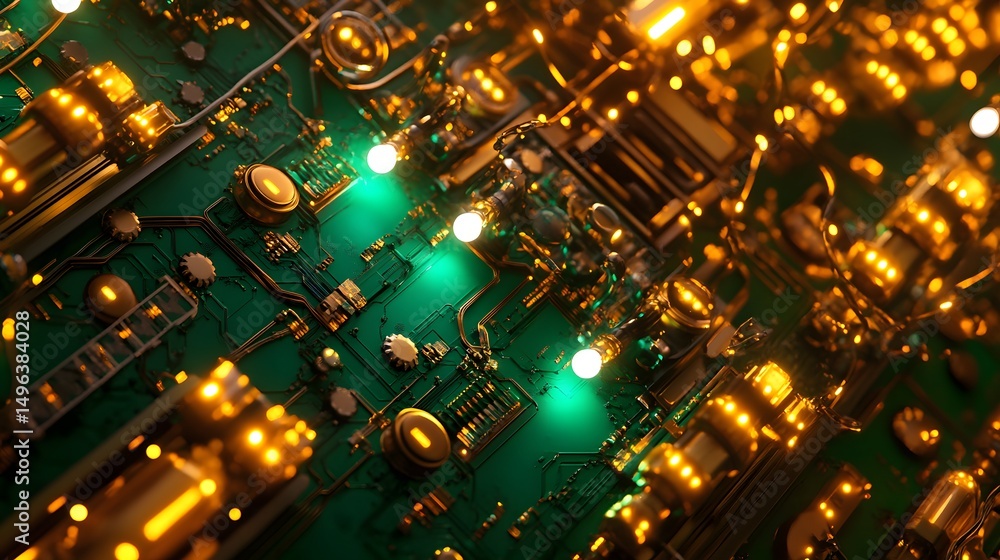Poster intricate circuit board with glowing components.