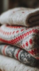 Fototapeta premium Cozy Winter Knitwear Close Up of Stacked Sweaters with Fair Isle Pattern.
