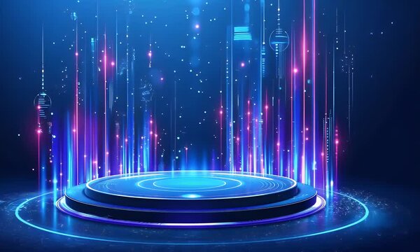 Blue technology background with light effects and a circular stage for product display, featuring a blue gradient and glowing lines, in a vector illustration style. The overall design is simple and el