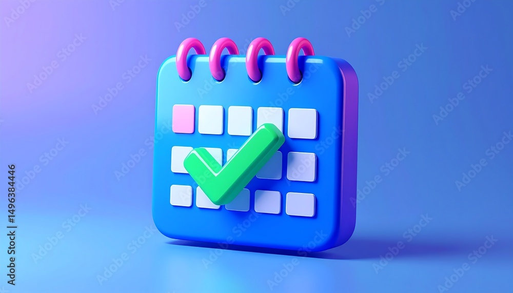 Poster a colorful 3d calendar icon with a checkmark, set against a gradient background, representing schedu