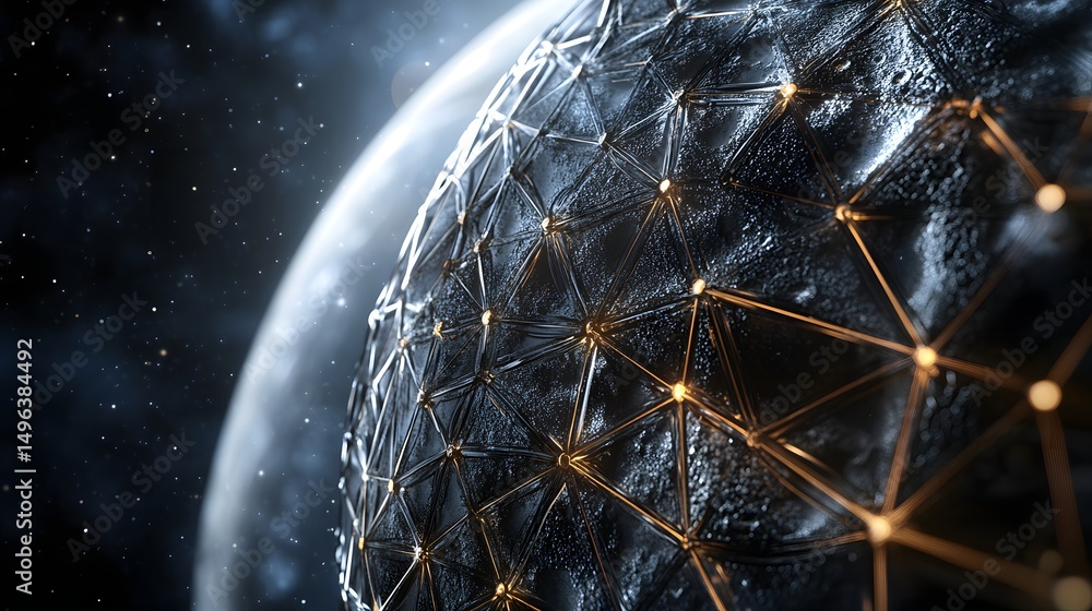 Poster abstract representation of a planet, connected by luminous lines.