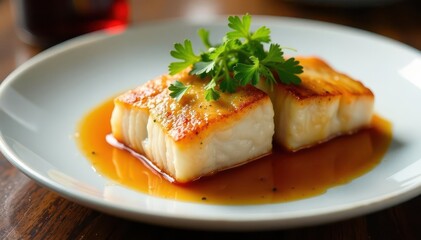 Misoyaki butterfish with garnish on white plate , lunch, dinner