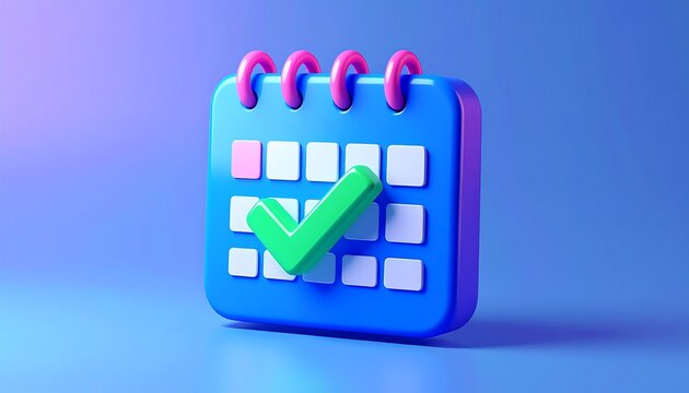 A colorful 3D calendar icon with a checkmark, set against a gradient background, representing scheduling or planning