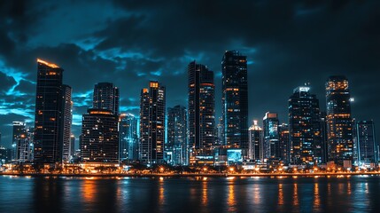 Fototapeta premium Illuminated city skyline at night.