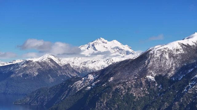Cerro Tronador In Bariloche Rio Negro Argentina. Breathtaking Aerial View Of Time Lapse Drone Footage. Snowing Lake Glacial Frozen. Glacial. Bariloche Rio Negro.