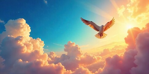 A lone bird soars through a vast, open sky, symbolizing boundless freedom and the limitless possibilities of life's journey The vibrant colors evoke a sense of joy and liberation , travel, wind