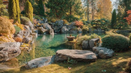 Tranquil Garden Landscape with Reflective Water, Rocks, and Lush Greenery, Perfect for Outdoor Serenity and Nature Escape in Autumn