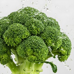 Broccoli close-up, white background, moist and watery, detailed