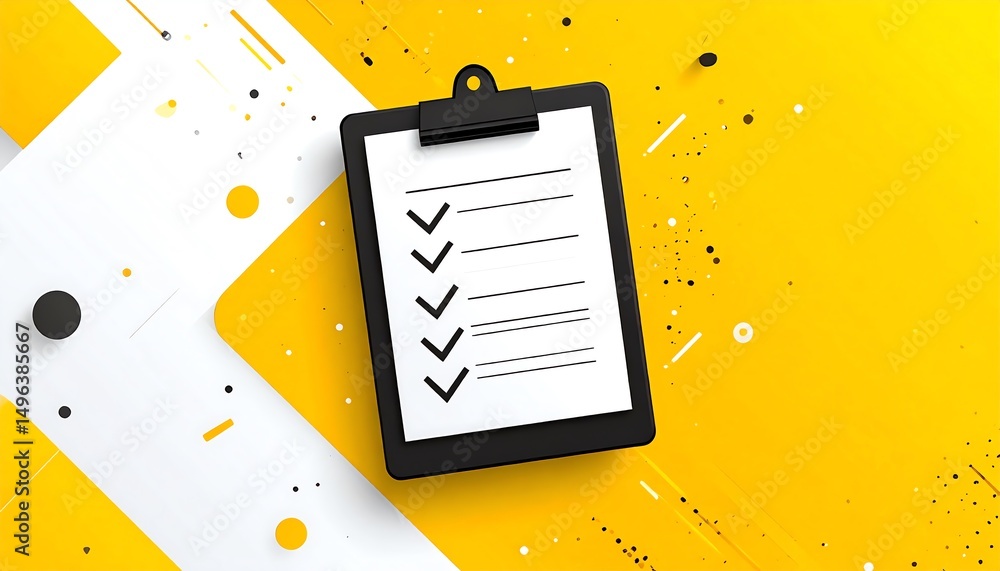 Poster a clipboard with checkmarks against a bright yellow background, symbolizing tasks or to-do lists