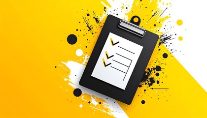A clipboard with a checklist on a vibrant yellow background, accented by splashes of black and yellow paint, creating an energetic and creative vibe