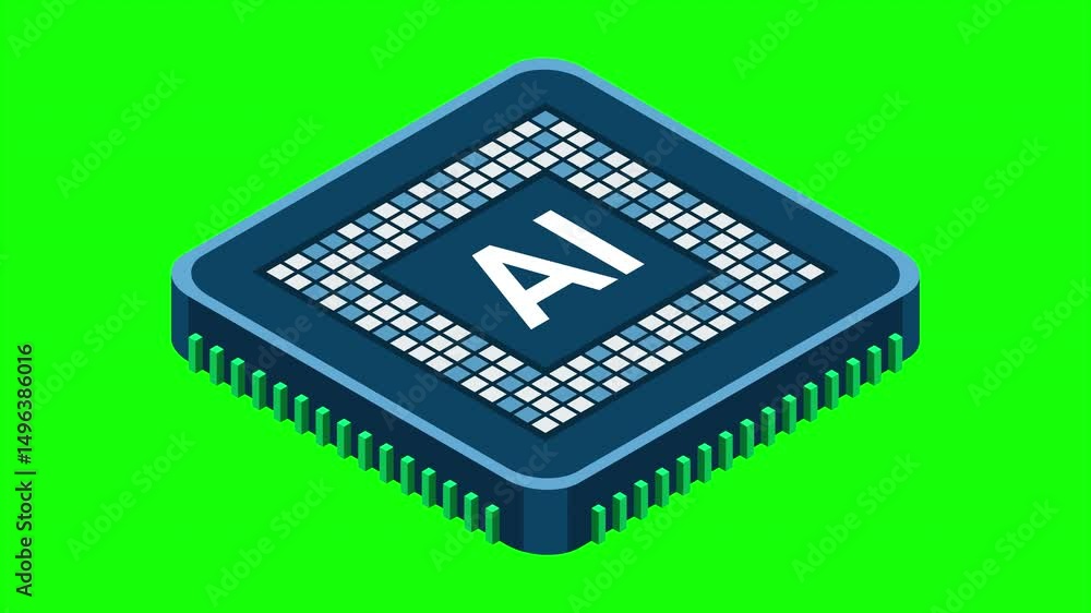 Poster isometric artificial intelligence chip animation. artificial intelligence concept. futuristic microc
